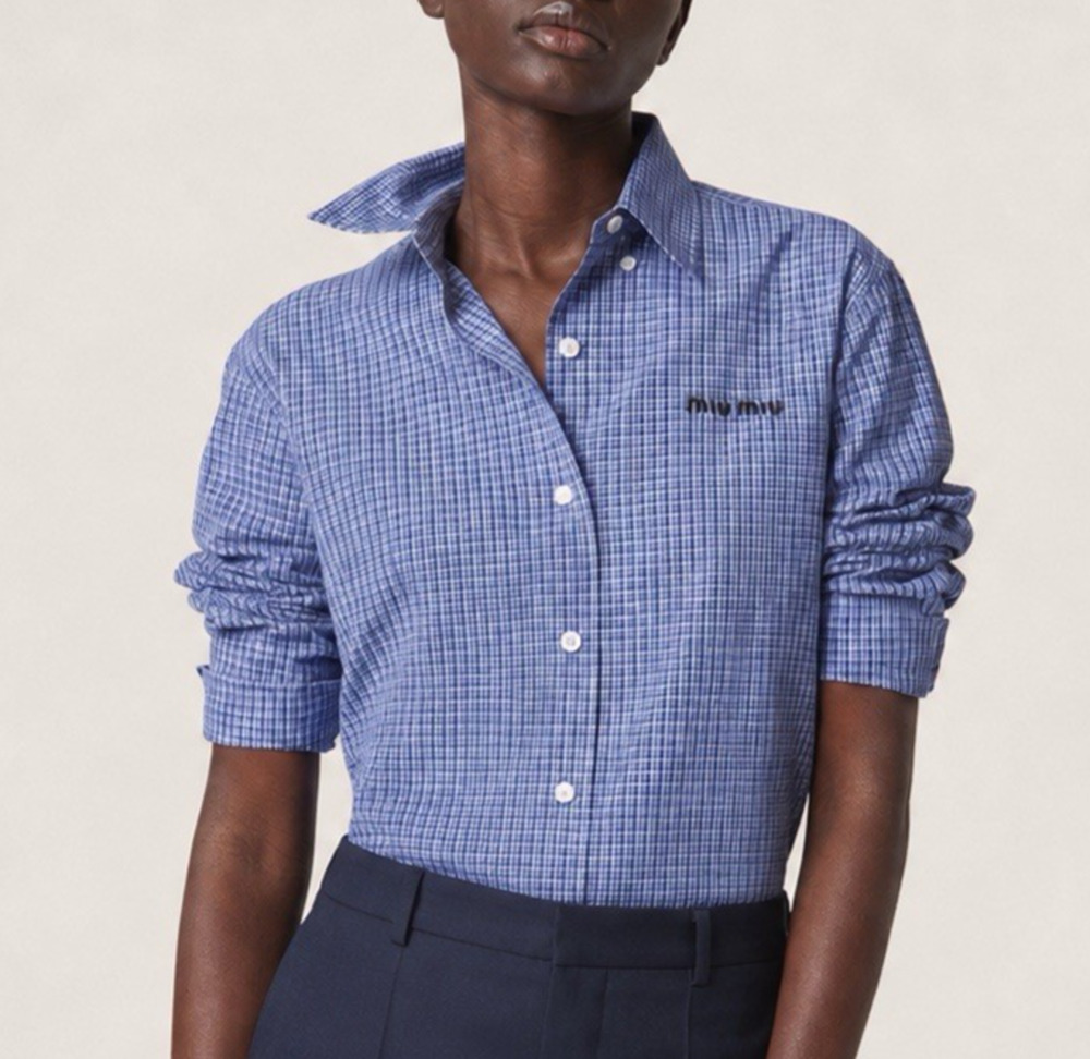 Miu Miu Button Up Shirt Womens IT 42 US 6 Blue Plaid Cotton Embroidered Logo